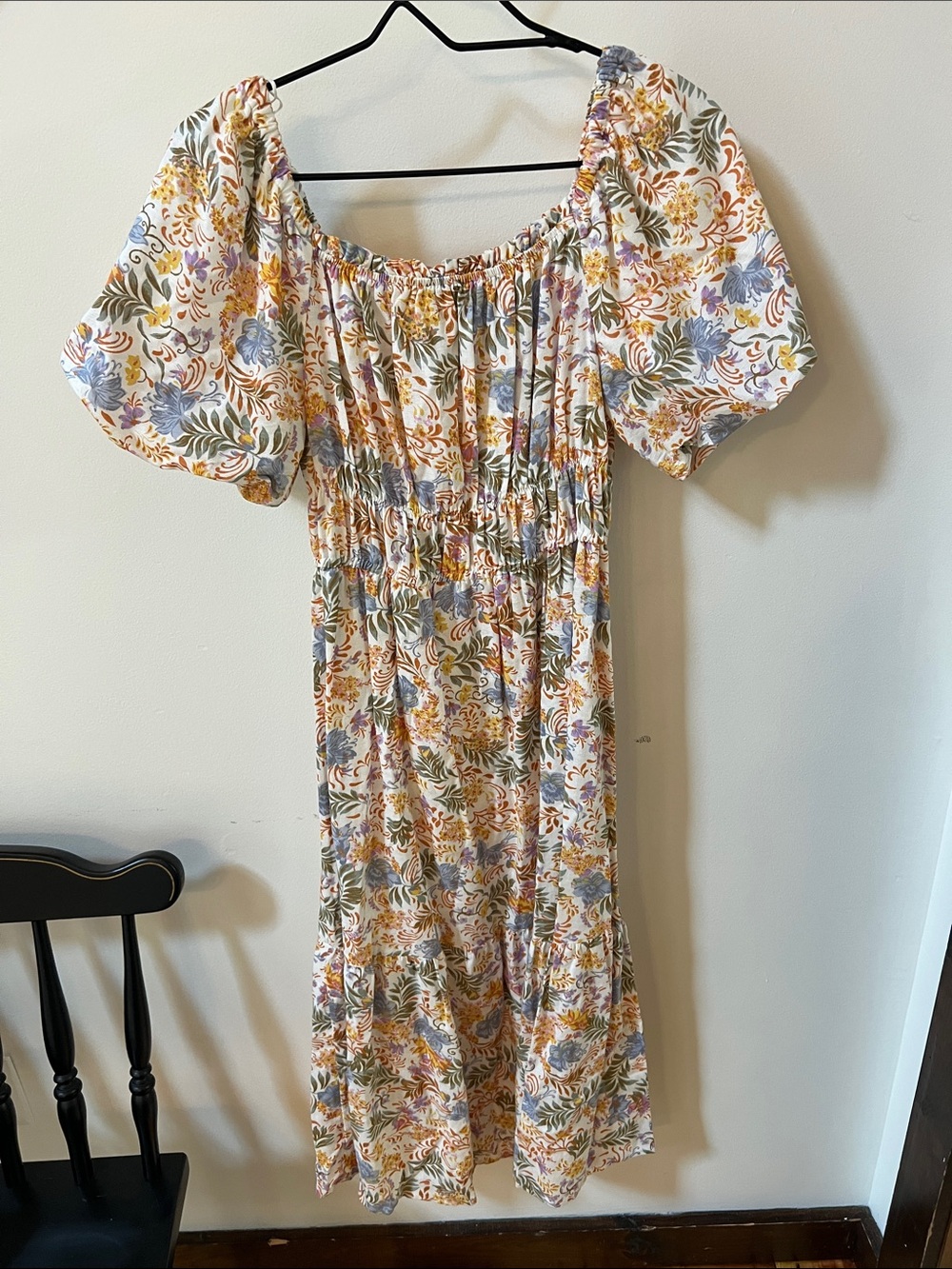 Japna White Midi Dress with Blue, Mustard & Olive Floral Print